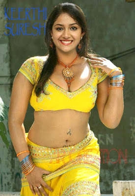 Hot yellow blouse keerthi suresh nude navel sexy cleavage photo