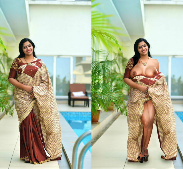 Anu Sithara saree slip big boobs exposed without blouse nude pussy without panties