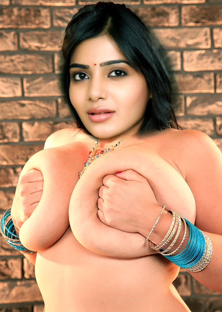 Samantha pressing her big fake boobs