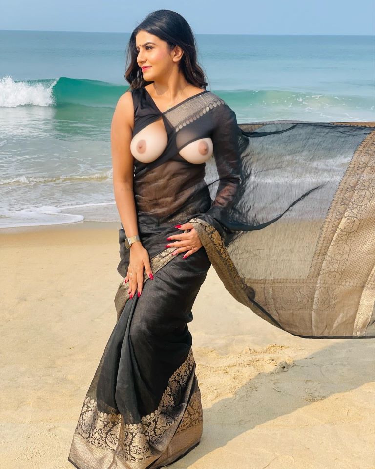 Namratha Gowda black saree hot beach boobs nipple show