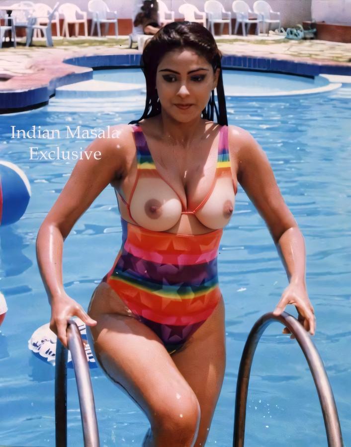 Old Actress Simran open cup swimsuit nude boobs nipple wet