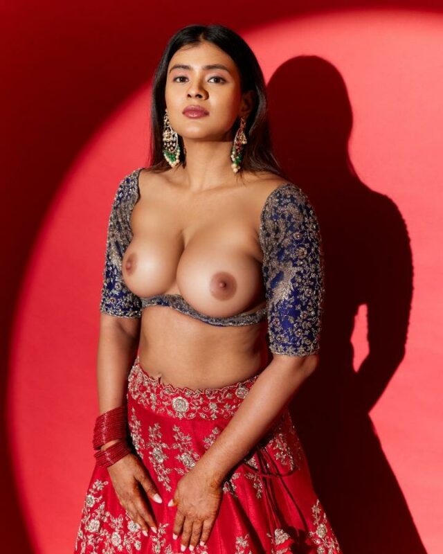 Hebah Patel open low neck blue blouse busty boobs dusky nipple