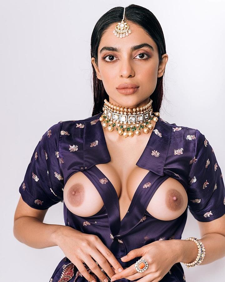 Sobhita Dhulipala open blur shirt nipple exposed without bra inside