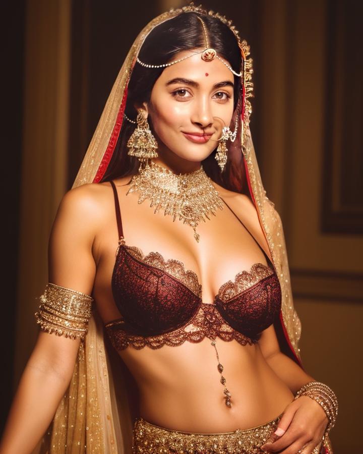 Pooja Hegde semi nude queen hot bra pose without half saree