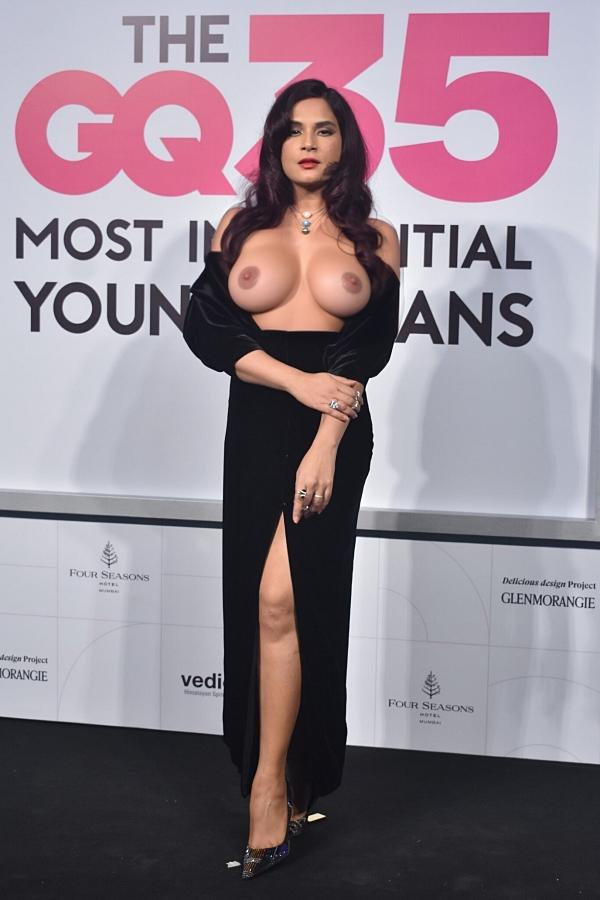 Richa Chadha open black dress busty boobs nude nipple without bra