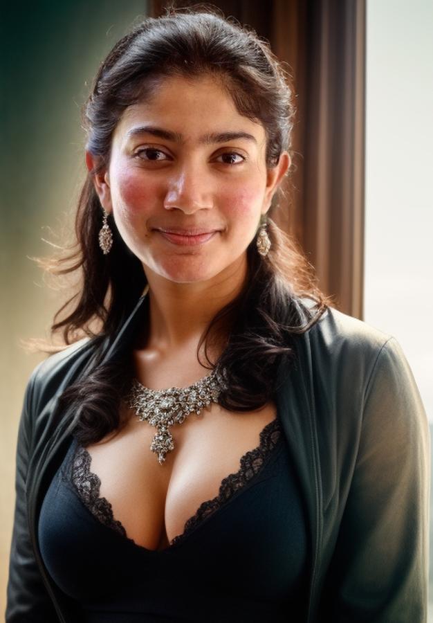 Sai Pallavi cleavage low neck black lingerie with necklace