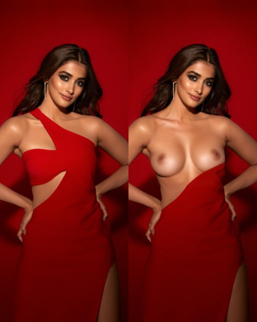 Pooja Hegde red hot dress slipped naked sexy boobs nipple