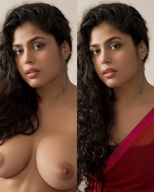 Faria Abdullah red half Saree blouse removed outdoor boobs nipple pose