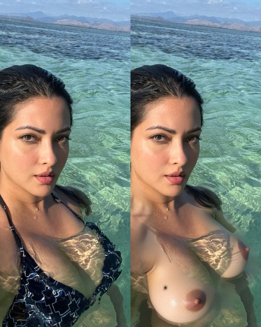 Riya Sen beach water selfie bra removed nude boobs nipple show