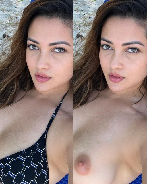Riya Sen selfie bra removed nude boobs nipple beach pose