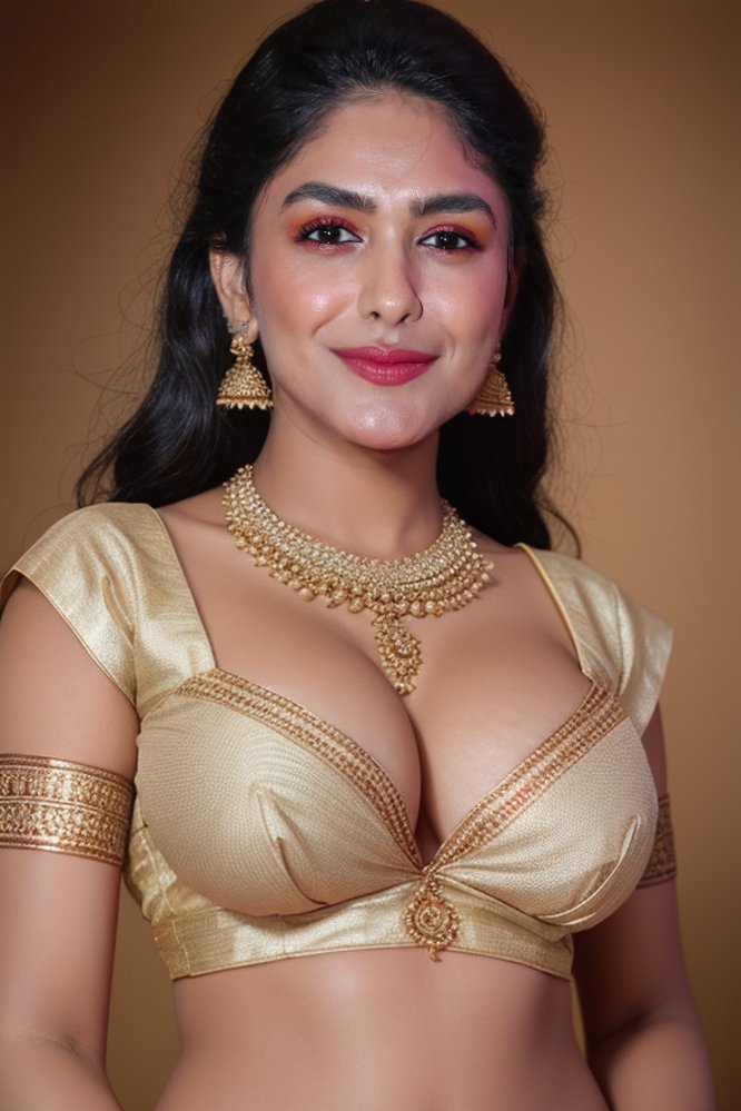 Mrunal Thakur cleavage low neck blouse without saree image