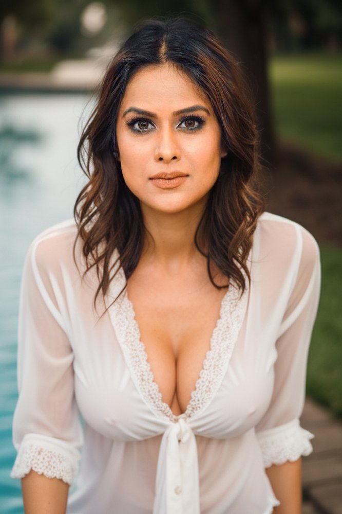 Nia Sharma cleavage low neck white shirt photo